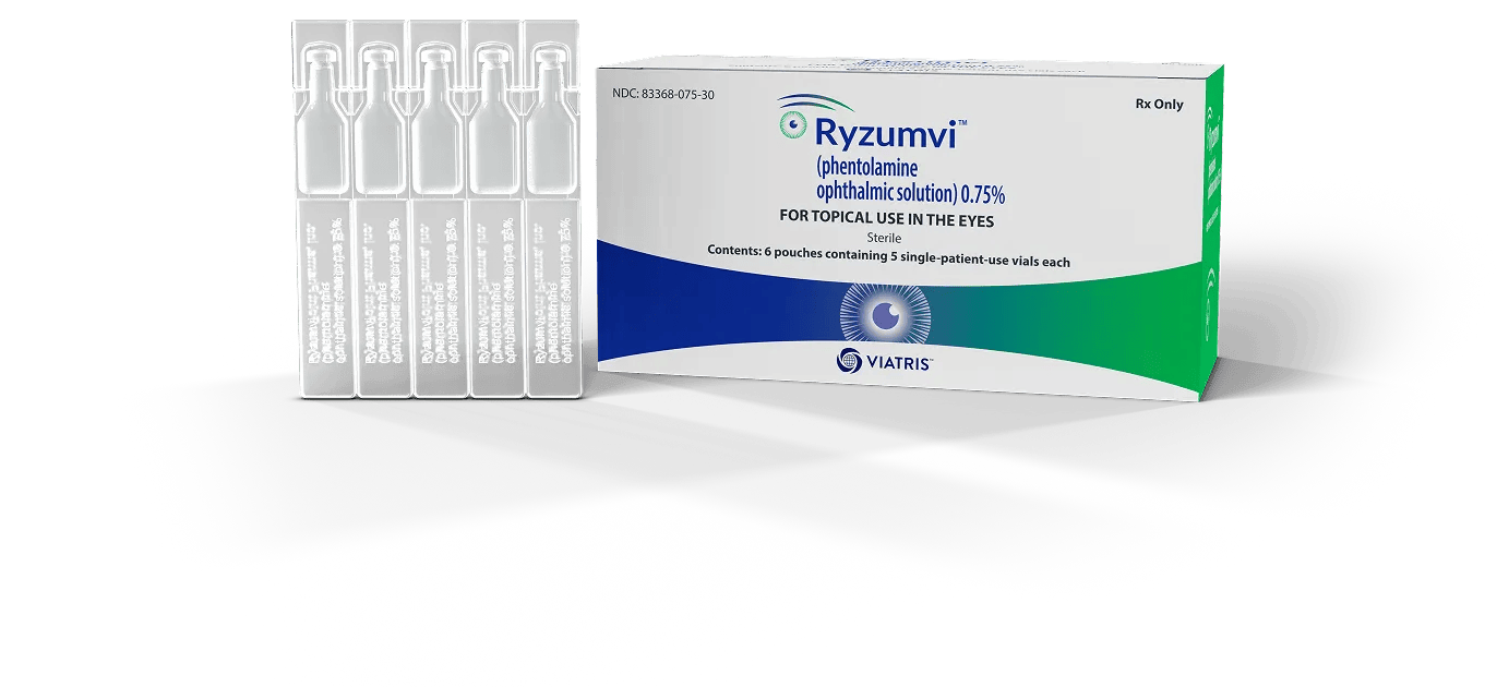 RYZUMVI (phentolamine ophthalmic solution) 0.75% packshot and vials
